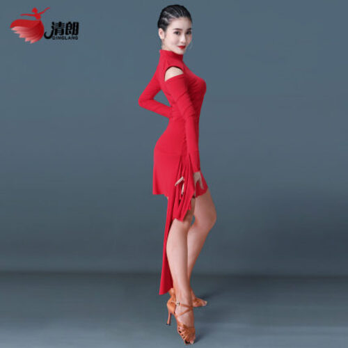 댄스스포츠 라틴댄스 오프숄더 공연 원피스 여성 긴팔 아이스 쇼복