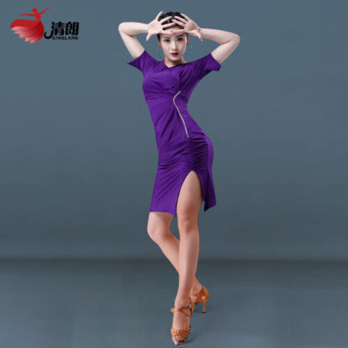 댄스스포츠 라틴댄스 의상 여성 원피스 스커트 핫피스 반팔 트임 댄스