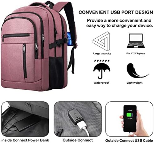 신학기 가방 미국 백팩 랩소노 TSA 엑스트라 라지 17.3인치 여행, 방수 캐주얼 하이킹 USB 포트가 있는 핑크-630455