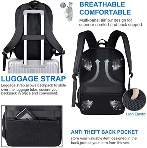 신학기 가방 미국 백팩 남성용, 엑스트라 라지, 노트북 수납 17인치, 도난 방지 방수 USB 충전 포트 포함, 블랙-630417