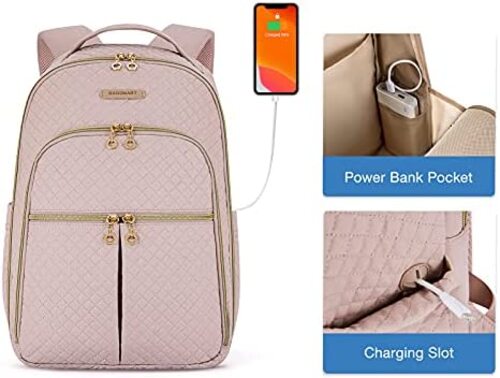 신학기 가방 미국 백팩 BAGSMART 노트북 수납 여성, 여성용 경량 여행, 15.6인치 USB 충전 홀이 있는 스타일리시한 , 핑크-630463