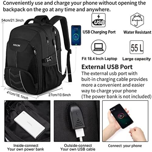 신학기 가방 미국 백팩 엑스트라 라지 남성 55L, USB 충전 포트 TSA 대용량 헤비듀티 블랙-630460