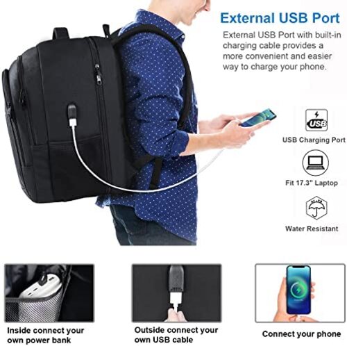 신학기 가방 미국 백팩 남성용, 엑스트라 라지, 노트북 수납 17인치, 도난 방지 방수 USB 충전 포트 포함, 블랙-630417