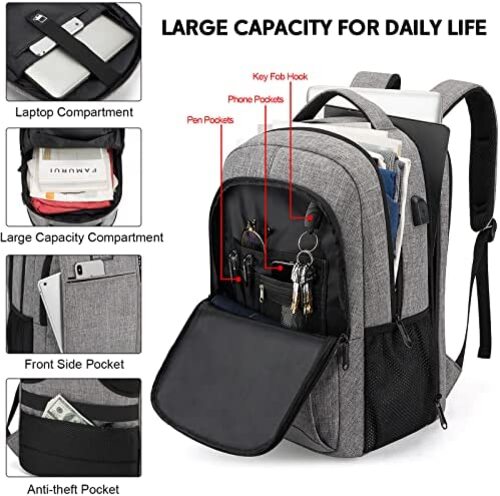 신학기 가방 미국 백팩 남성용 Lumesner 노트북 수납, USB 충전 포트가 있는 방수, 15.6인치 그레이-630456