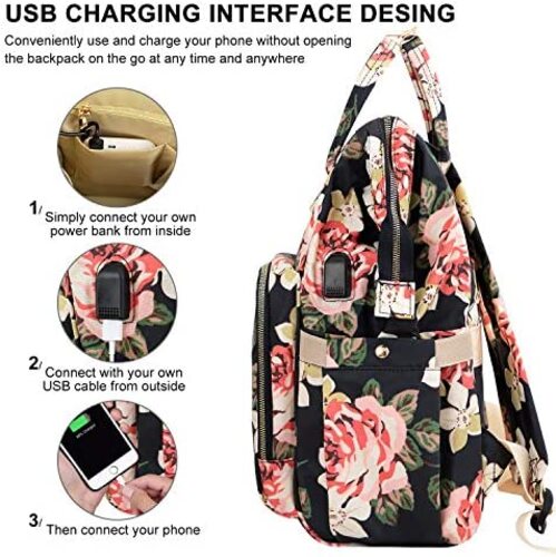 신학기 가방 미국 백팩 USB 충전 포트가 있는 15.6인치 스타일리시한 칼리지 스쿨 데이팩 노트북 수납 플라워 패턴-630464