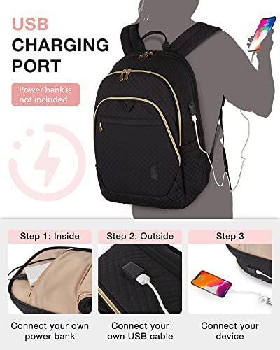 신학기 가방 미국 백팩 BAGSMART 여성용 노트북 수납 15.6인치 컴퓨터, USB 충전 포트가 있는 대학 업무용 , 블랙-630488