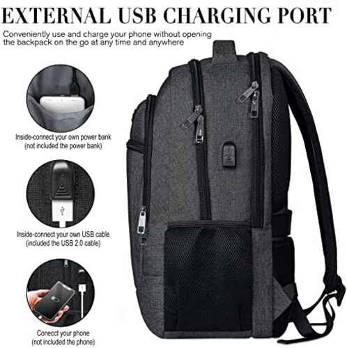신학기 가방 미국 백팩 USB 충전 포트가 있는 방수, 비즈니스 도난 방지 내구성이 뛰어난 남성용 17인치, 블랙-630485