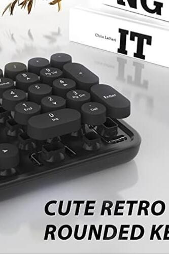 레트로 키보드 미국 무선 및 마우스 콤보,귀여운 풀 사이즈 104-키 라운드 키캡(블랙)-640970