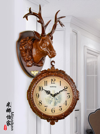 인테리어 인기 예쁜 벽시계 가정용 양면 벽시계 거실 유럽식 창의적 개성 사슴머리-503078