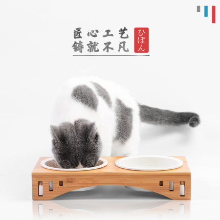반려동물 고급 식기 스탠드 고양이 공기 개 그릇 고양이 그릇 도자기 원목 고양이 물 고양이-514696