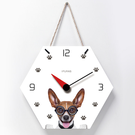 강아지 벽시계강아지 심플 패션 벽시계 애완동물 가게 벽면 육각정음 시계걸이-519706