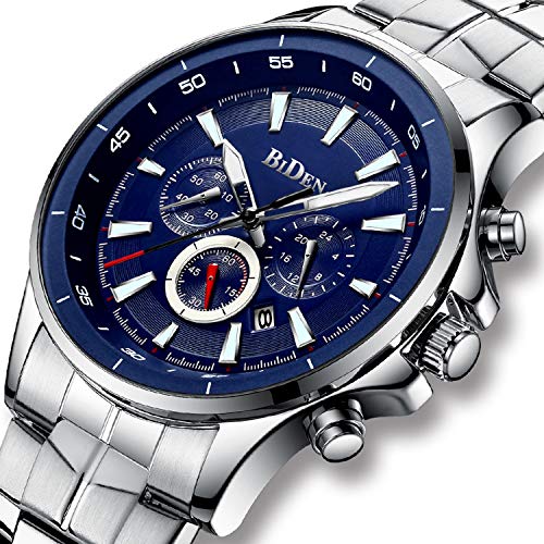남성 시계 Chronograph Blue Stainless Steel 방수 Date 아날로그 Quartz Watch Business Wrist Watches for 남성 시계  미국출고 -538122
