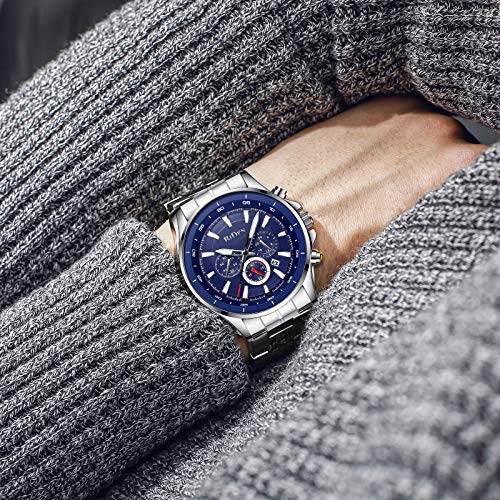 남성 시계 Chronograph Blue Stainless Steel 방수 Date 아날로그 Quartz Watch Business Wrist Watches for 남성 시계  미국출고 -538122