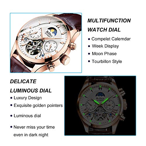 남성 시계s Watch Luxury Mechanical Moon Phrase Skeleton Luminous Hands Automatic SelfWind Leather 미국출고 -538129