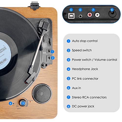 턴테이블 LP 플레이어 VIFLYKOO Bluetooth 비닐 라우드 스피커 디지털 인코더 Aux In RCA 334578 Umin-543405 독일출고