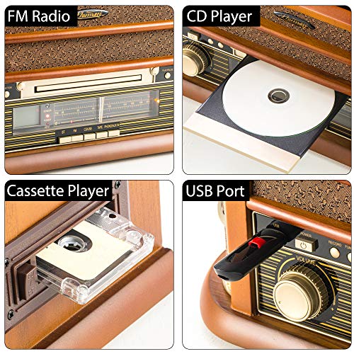 SHUMAN 7 IN 1 나무 음악 시스템 턴테이블 LP 플레이어 CD MP3 무선 USB 포트 라디오 출력 (MC250BT)-543410 독일출고