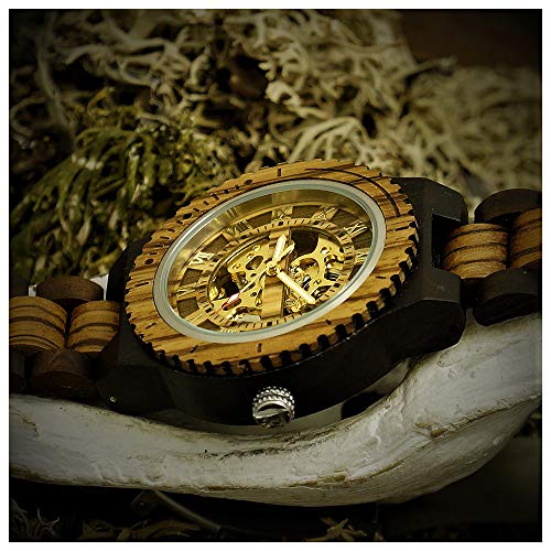 나무손목시계 수제 Holzwerk Germany® 오토매틱 남성용 에코 내추럴 브라운 지브라 골드 아날로그 로마 숫자-550255