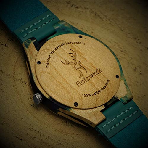 나무손목시계 수제 Holzwerk Germany® 여성용 남성용 에코 내츄럴 나무시계 가죽 청록색 클래식 쿼츠시계-550258