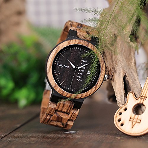 나무손목시계 BOBO BIRD 수제 남성용 나무시계 시계 석영 다이얼 및 날짜표시가있는 남성용 갈색 얼룩말 나무 손목시계-550272