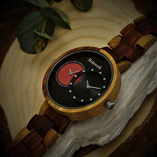나무손목시계 수제 Holzwerk Germany® 남성용 에코 내추럴 우드시계 아날로그 클래식 쿼츠시계 듀얼 타임 블랙 브라운 레드-550282