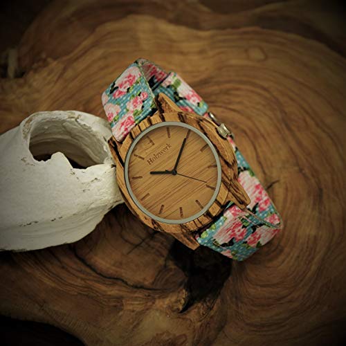 나무손목시계 수제 Holzwerk Germany® 여성용 남성용 하와이 여름 꽃 장미 나무시계 손목시계 아날로그 나무시계 멀티 컬러 스트랩-550307