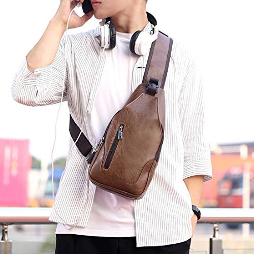 Sling Backpack for Men Leather Chest Bag 코로스바디 백 Shoulder Bag with USB Charge Port Brown  미국출고-560396