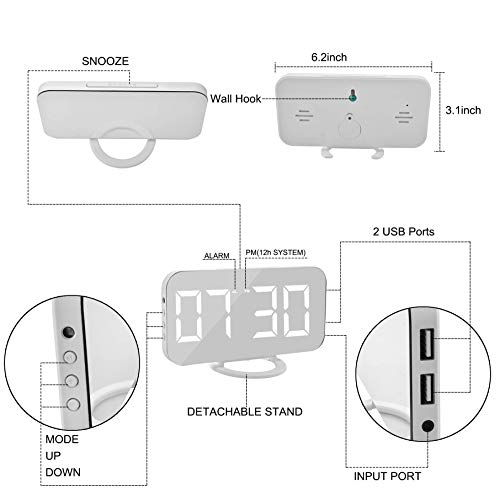 디지털 알람 시계 및 거울 LED 밝기 조절 및 USB 충전 포트 2 개 침실 거실 장식용 독일출고-562407