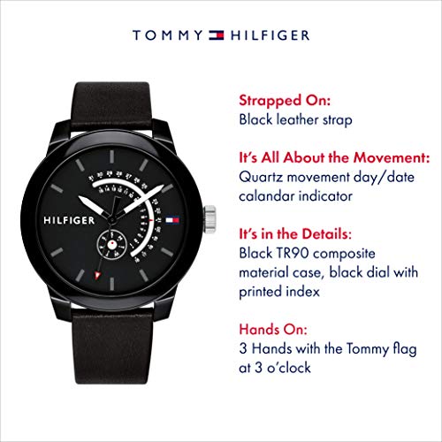 Tommy Hilfiger 남성용 쿼츠 시계 및 가죽 송아지 가죽 스트랩, 블랙, 18.8 (모델 - 1791479) 미국출고 -564433