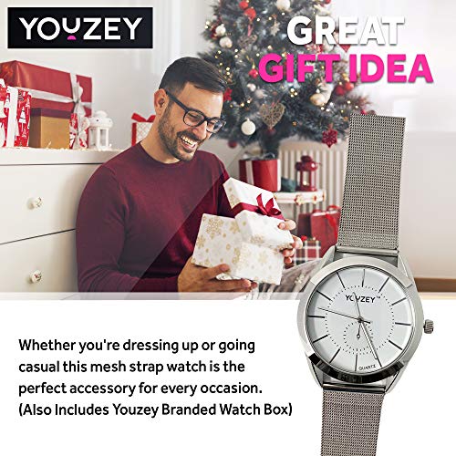 Youzey Round Unisex 시계with White Face, Silver Trim, Silver Tone Mesh Leather Strap 시계 미국출고-577152