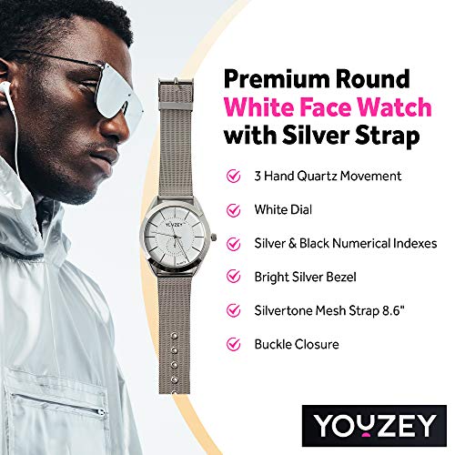 Youzey Round Unisex 시계with White Face, Silver Trim, Silver Tone Mesh Leather Strap 시계 미국출고-577152