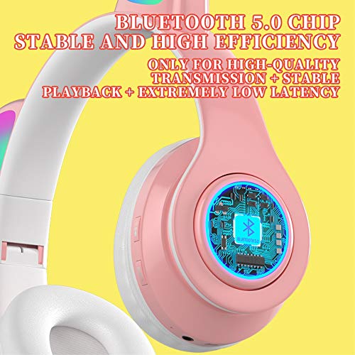 Amazing 7 Cat ’s Ears LED 블루투스 헤드폰, 액티브 노이즈 캔슬링 헤드폰, 무선 헤드셋, 8 시간 재생, Hi-Fi 스테레오, 음악 게임 DJ 용 Deep Bass (사쿠라 핑크)-577 미국출고-577654