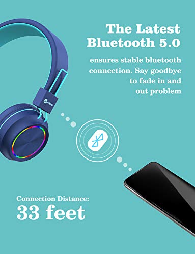 iClever BTH03 어린이 헤드폰 다채로운 LED 조명 MIC 25H 재생 시간 스테레오 사운드 Bluetooth 5.0 접이식 연구용 태블릿 579783 미국출고 이어폰
