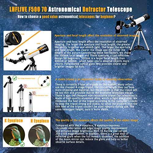 LHFLIVE 70mm 개구부 및 500mm 초점거리 굴절 (20X150X) 무선 리모컨 전화 어댑터 및 휴대 가방 포함 여행 603411 미국 천체 망원경 천문 별자리