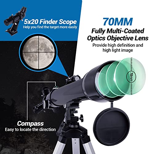 70mm 조리개 700mm 초점거리 3회전 가능한 눈동자 포함 굴절 삼각대 전화 어댑터 휴대 가방 603417 미국 천체 망원경 천문 별자리