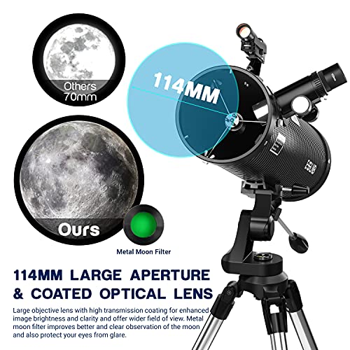 ESSLNB 반사 114AZ 셔터 컨트롤 포함 마운트 500mm 학 초보자 500mm 폰 어댑터 3X 바로우 렌즈 및 달 필터 포함 603482 미국 천체 망원경 천문 별자리