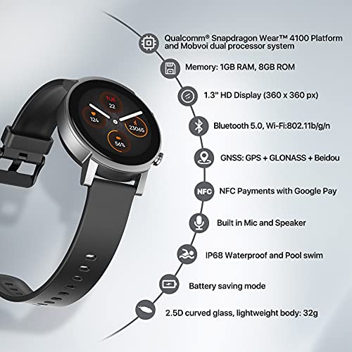 틱워치 E3 스마트워치 착용 OS by 구글 퀄컴 스냅드래곤 플랫폼 헬스 모니터 피트니스 트래커 GPS 605318 미국 시계