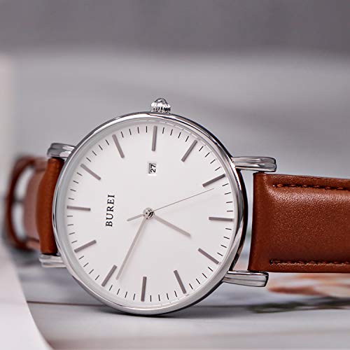 BUREI 세련된 시계 미니멀 슬림 데이트 가죽 스트랩 손목 시계 손목시계-610787