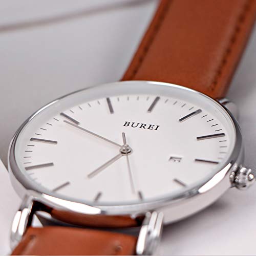 BUREI 세련된 시계 미니멀 슬림 데이트 가죽 스트랩 손목 시계 손목시계-610787