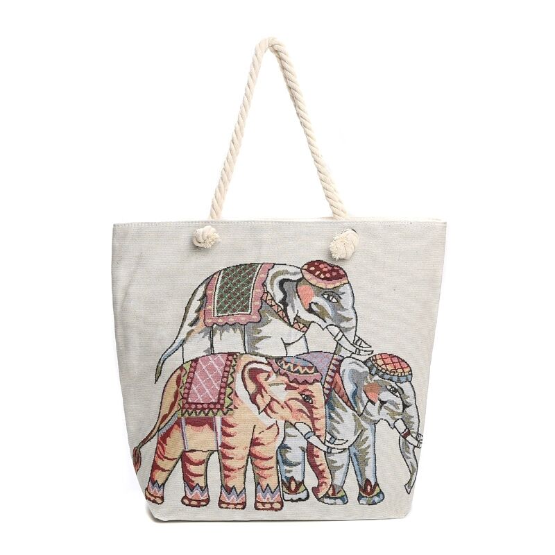 여백 코끼리 쇼퍼 캔버스 양면 자수 삼끈 끈 숄더 에스닉 쇼퍼백