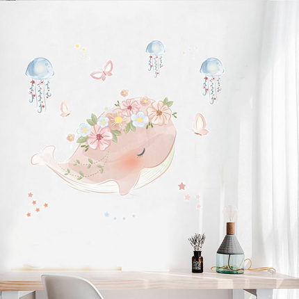 고래 장식 벽 스티커 귀여운 핑크 화환 해파리 침실 인테리어 스티커-615879