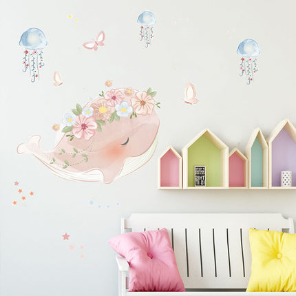 고래 장식 벽 스티커 귀여운 핑크 화환 해파리 침실 인테리어 스티커-615879