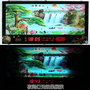 인테리어 인기 예쁜 벽시계 거실 벽걸이 디지털 만년력 전자시계 동적 유수 풍경 산수-502963