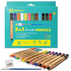 JoyousJays 3-in-1 점보 색연필 For Kids (Ages 3+) -12 색 팩-무독성 및 물 세탁 가능-왁스 크레용 및 수채화, 유아용 컬러링 연필 세트 (브러시 및 샤프너 포함)-56434 미국출고 -564342